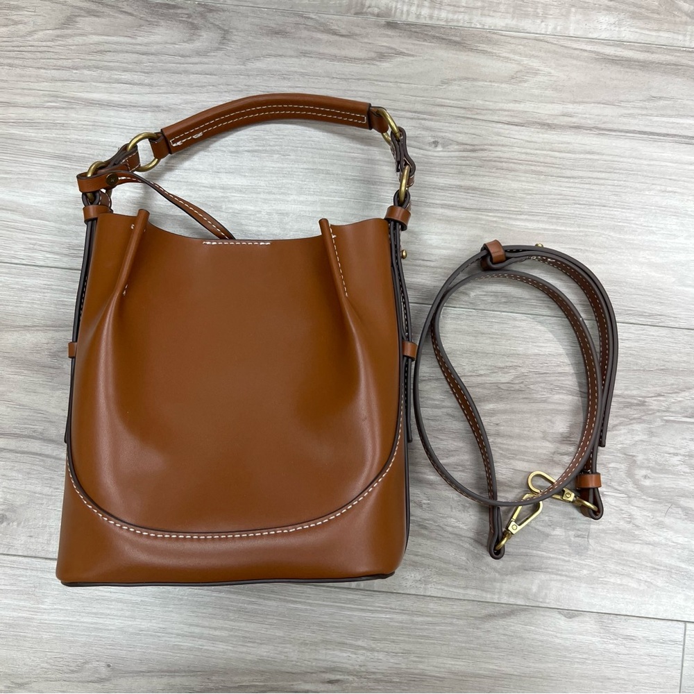 Brown Leather Bucket Bag with Removable Strap
